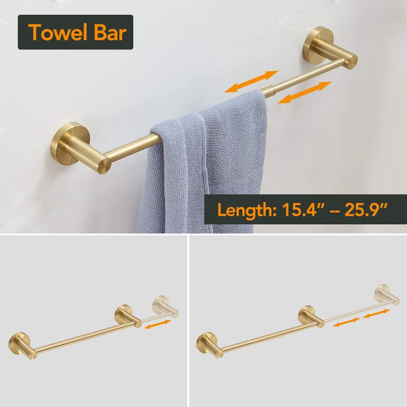 BESy 4 Piece Bathroom Accessories Set (Adjustable 16 to 26 Inch Towel Bar, Towel Ring, Toilet Paper Holder,Towel Hook), Wall Mounted Bath Hardware Accessory Fixtures Set,Stainless Steel/Brushed Gold - Image 2
